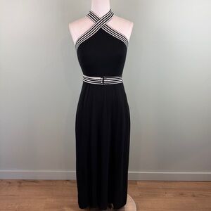 Soma Black White Striped Trim Jersey Knit Belted Maxi Dress Resort wear Small